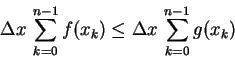 \begin{displaymath}
\Delta x\,\sum_{k=0}^{n-1} f(x_k) \leq \Delta x\,\sum_{k=0}^{n-1} g(x_k)
\end{displaymath}