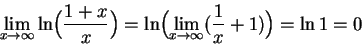 \begin{displaymath}
\lim_{x\to\infty} \ln\Bigl(\frac{1+x}{x}\Bigr)
= \ln\Bigl(\lim_{x\to\infty}(\frac1x+1)\Bigr) = \ln 1 = 0 \end{displaymath}