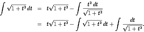 \begin{eqnarray*}\int \sqrt{1+t^2}\,dt &=& t\sqrt{1+t^2} -\int \frac{t^2\,dt}{\s...
...qrt{1+t^2} -\int \sqrt{1+t^2}\,dt +\int \frac{dt}{\sqrt{1+t^2}}.
\end{eqnarray*}