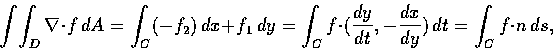 \begin{displaymath}\int\!\int_{D} \nabla\cdot f\, dA=\int_{C} (-f_{2})\, dx
+f_{...
...(\frac{dy}{dt}, -\frac{dx}{dy})\, dt
=\int_{C} f\cdot n\, ds,
\end{displaymath}